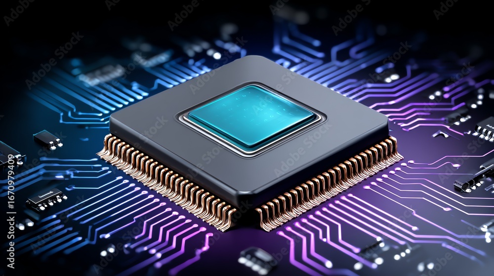 Poster a detailed, macro view showcases a central processing unit, illuminated with cool blue and purple to