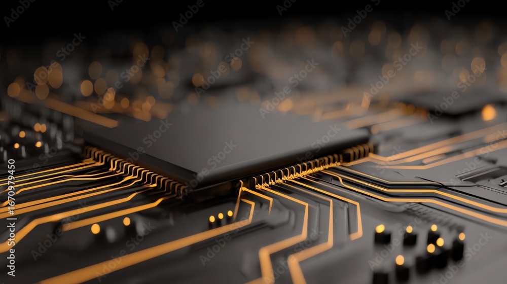 Aufkleber a detailed, abstract rendering showcases a complex microchip circuit board with glowing golden pathw