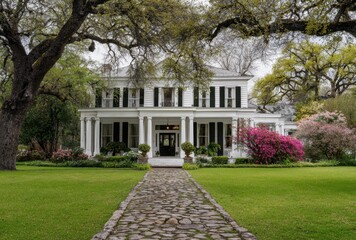 Obraz premium Elegant large white house with expansive front lawn and mature trees in a peaceful neighborhood