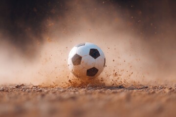 Fototapeta premium Soccer ball rolls on dusty field, dust swirling in dynamic motio