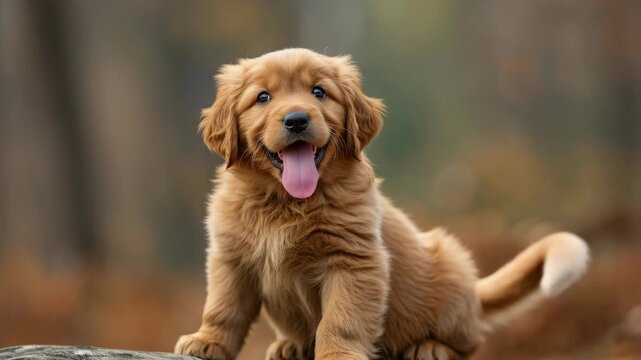 Puppy sitting on a fallen tree in fall forest, panting happily.