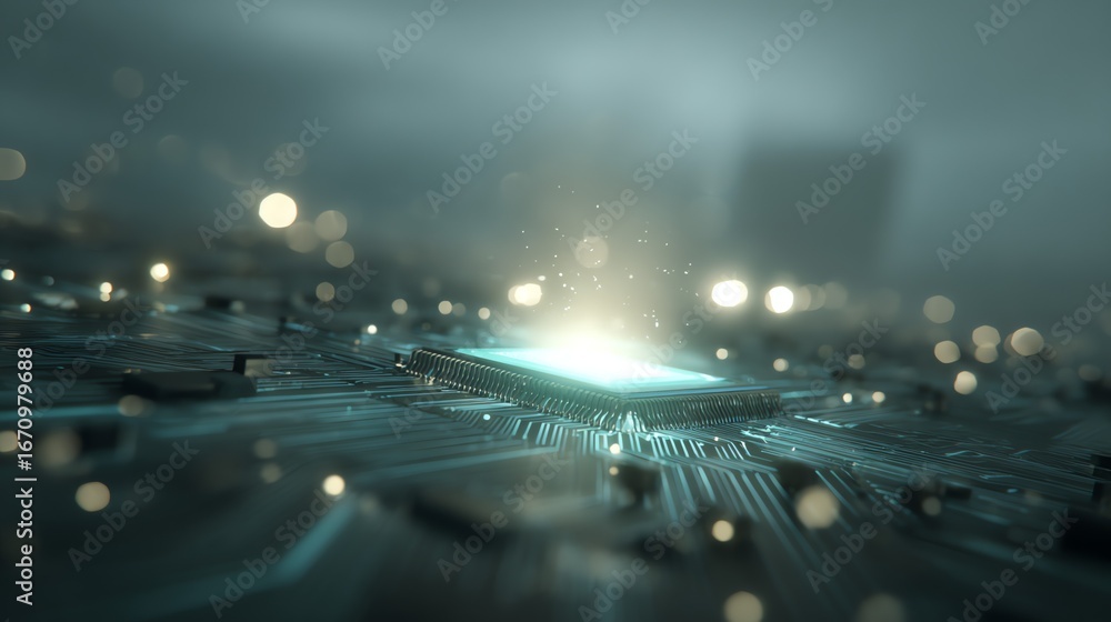Fototapete a close-up, abstract rendering depicts a microchip emitting a bright, ethereal glow, symbolizing tec
