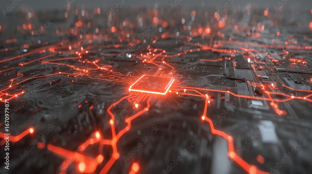 Poster an abstract digital landscape depicts a complex network of glowing circuitry, focusing on a central 