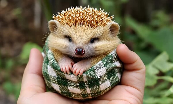 Tiny hedgehog nestled in a green cloth