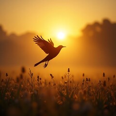 Bird Flying Over Field at Golden Sunset Nature Scene