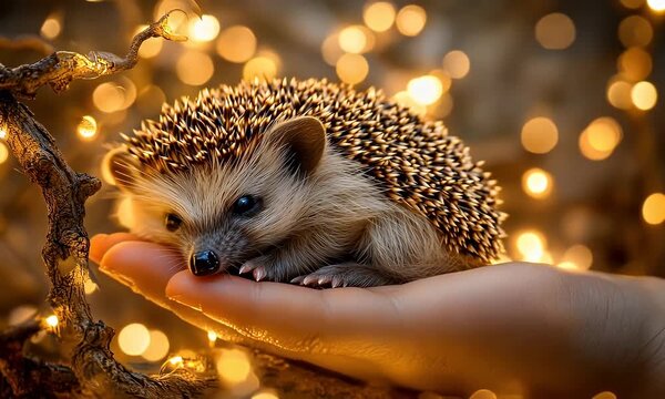 Tiny hedgehog nestled in a hand, warm golden light