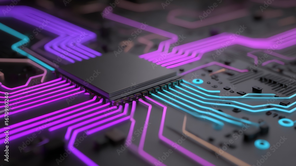 Poster an abstract, digitally rendered close-up showcases a complex network of circuit pathways illuminated