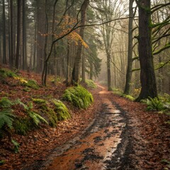 Fototapeta premium Misty Autumn Forest Path with Muddy Trail and Fallen Leaves