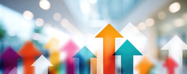 Abstract graphic of multiple colorful upward arrows against a blurred background