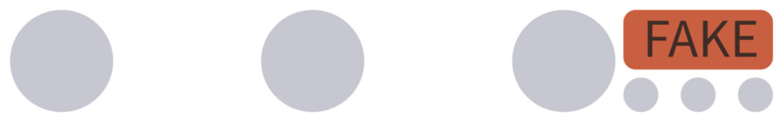 Three identical circles followed by a fourth with FAKE label, emphasizing misinformation detection. Ideal for credibility, fact-checking, authenticity, media literacy, awareness, trust, simple flat