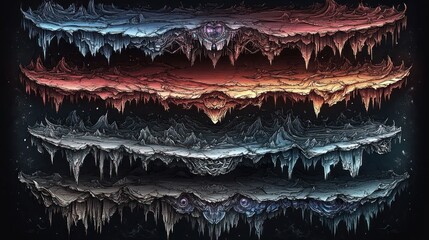 Fototapeta premium Abstract illustration of layered landscapes with intricate textures and colors.