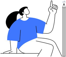 Person seated with one arm bent and raised in an idea pose, large vertical pencil nearby. Ideal for creativity, education, confidence, innovation, leadership, design thinking problem-solving. Simple