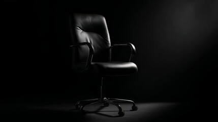 Minimalist shot of a black office chair set against a deep, dark background, with subtle light accentuating its form.