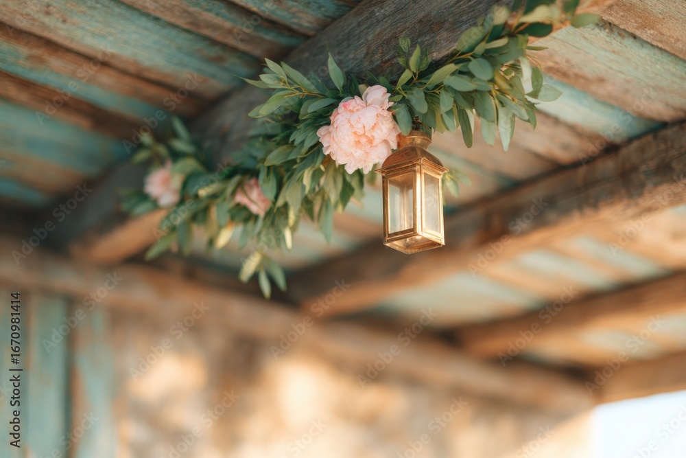 Poster rustic ceiling adorned with greenery and soft blooms, creating w
