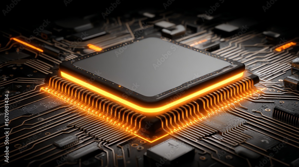 Aufkleber a dramatic, high-angle view showcases a central microchip illuminated with vibrant orange light, emb