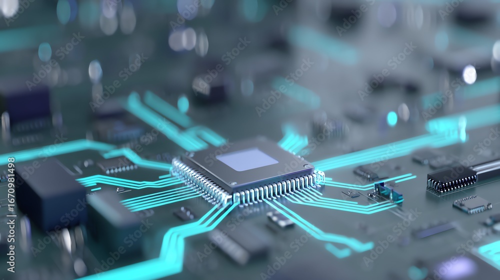 Fototapete a detailed, macro view showcases the intricate circuitry of a modern computer motherboard, illuminat