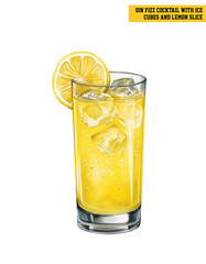Gin Fizz cocktail with lemon slice and ice in highball glass on yellow background. Watercolor illustration of gin-based sparkling drink with bubbles and foam. Refreshing citrus beverage concept