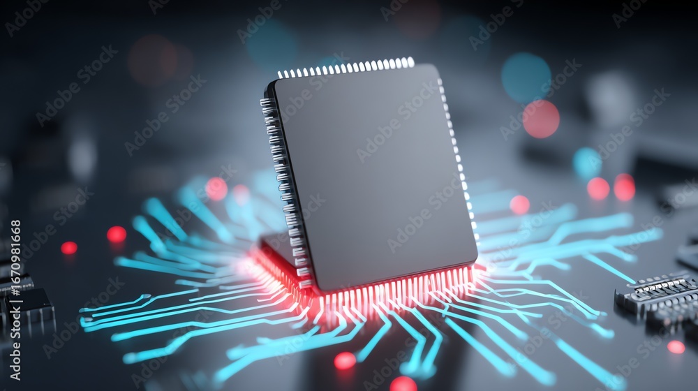 Poster a sleek, dark microchip rests centrally on a complex network of illuminated circuitry, evoking a sen