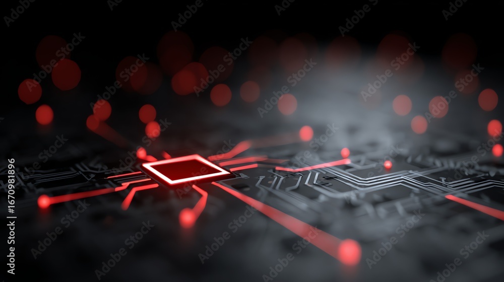 Aufkleber an abstract representation of a complex circuit board glows with vibrant red illumination, emphasizi