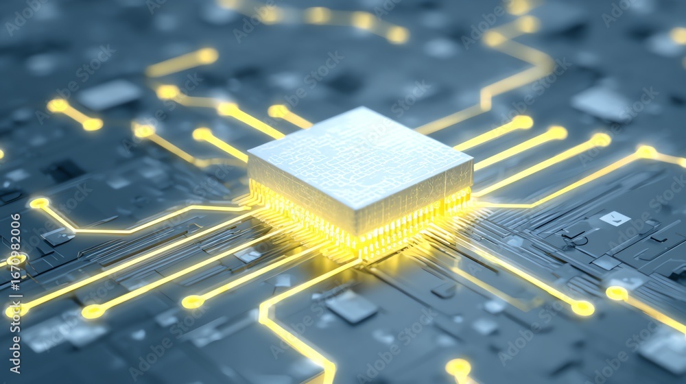 Aufkleber a detailed, digitally rendered close-up showcases a microchip integrated within a complex network of