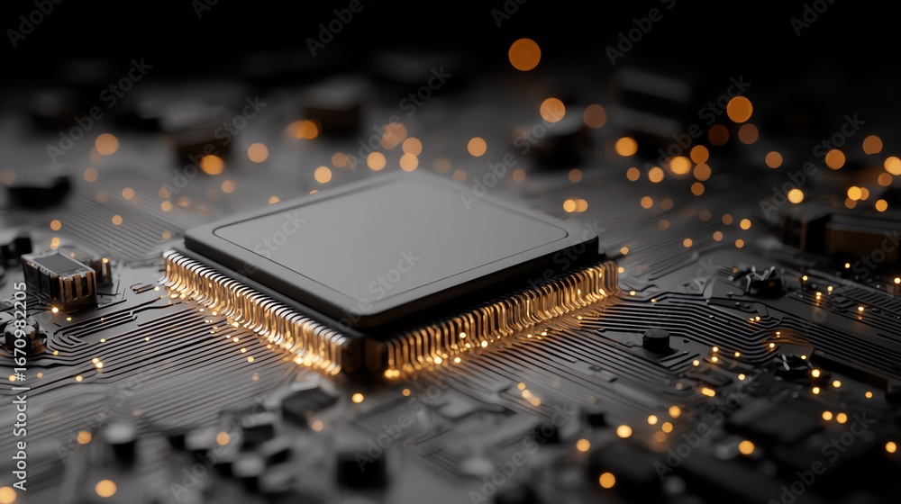 Poster a detailed, digitally rendered close-up showcases a central processing unit on a complex circuit boa