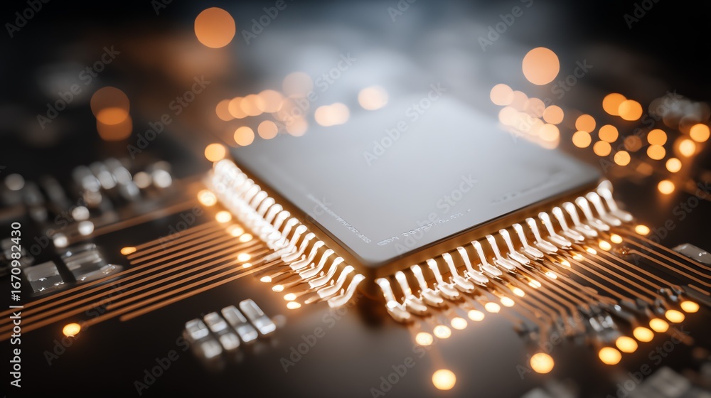 Poster a detailed macro shot showcases a silver microchip, illuminated by warm, glowing light, emphasizing 