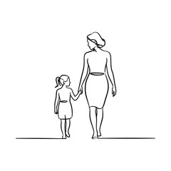 Mother and daughter walking hand in hand in a simple line drawing