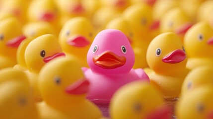 Racism, homophobia, discrimination and social exclusion concept with a pink rubber duck standing out from the common yellow ones
