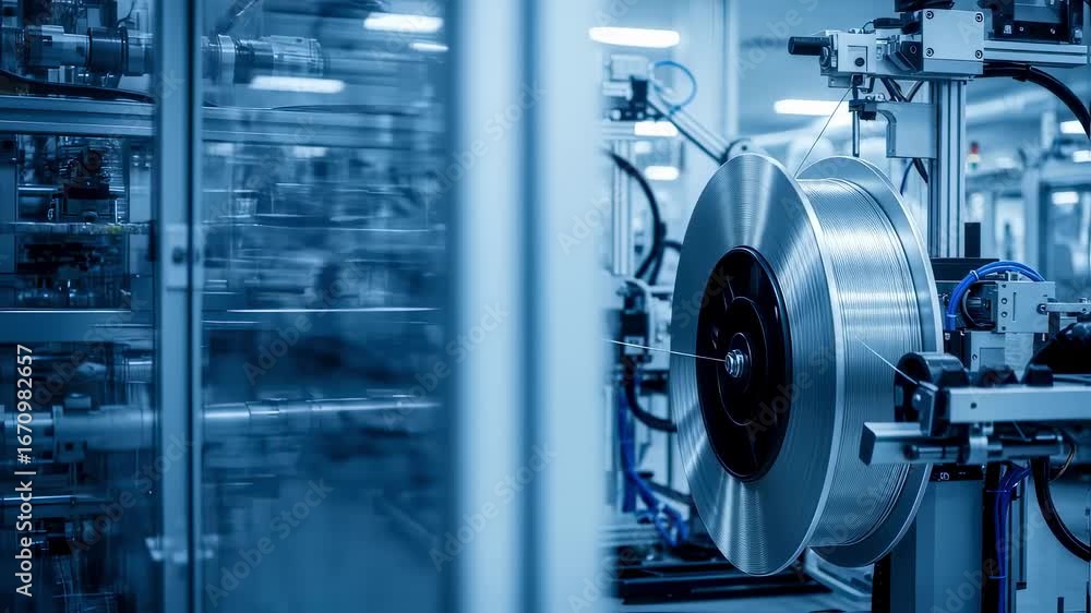 Poster cryogenic cable workshop with rows of superconducting wire reels aligned for sequential winding and 