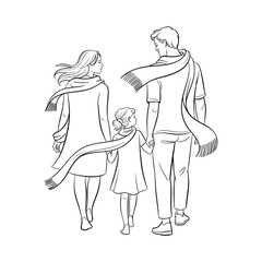 Family walking together in the wind with scarves blowing