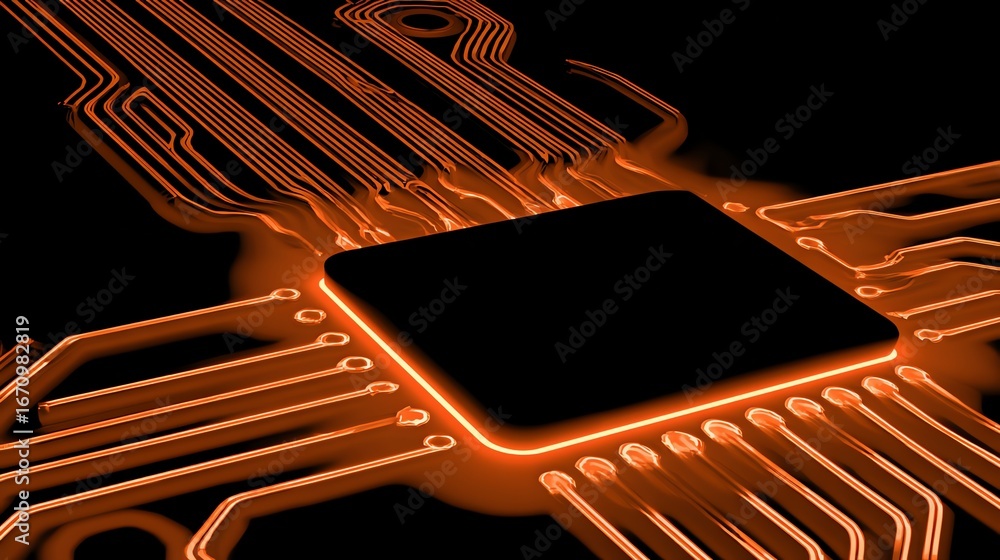 Poster an abstract rendering depicts a central microchip component connected by glowing orange circuitry ag