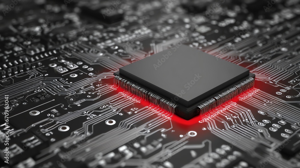 Aufkleber a detailed close-up showcases a central processing unit illuminated with vibrant red light, set agai