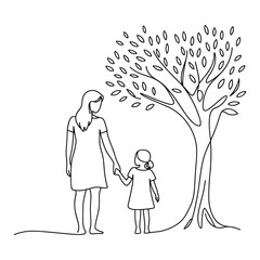 Mother and daughter holding hands under a leafy tree in a simple sketch