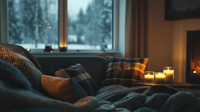 An evening in a cozy living room, curled up under blankets with candlelight creating a warm and inviting atmosphere. Perfect for winter evenings or holiday relaxation.