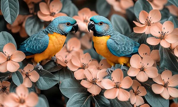 Vibrant Parrots Amidst Delicate Flowers