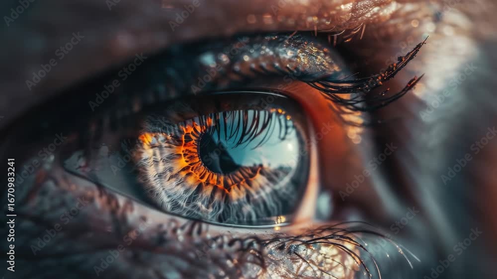 Poster a close-up of a human eye with detailed healthy iris and pupil, emphasizing the complexity of anatom