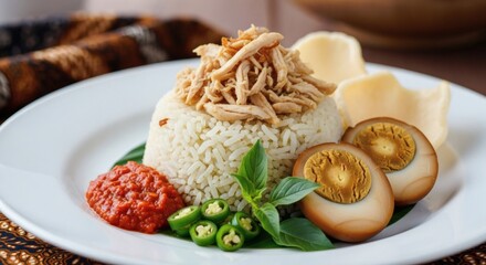 Aromatic Asian chicken rice served with savory shredded chicken, braised soy eggs, spicy chili paste, and crispy crackers
