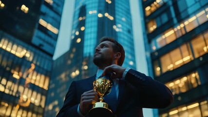 Man with trophy in business setting at night.