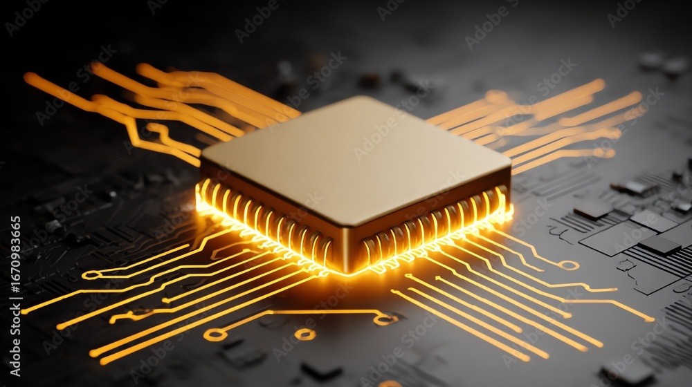 Poster a glowing microchip, central to a complex network of circuitry, symbolizes the power of modern techn