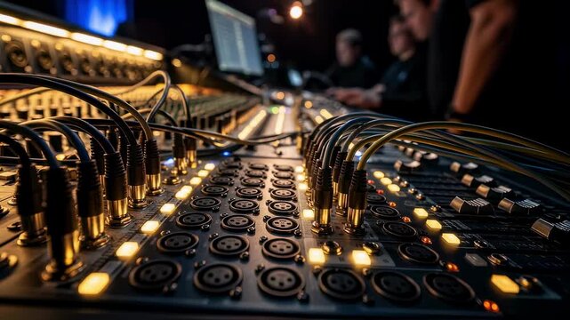 Dynamic view of illuminated patchbay ports with cables plugged in highlighting workflow during a live sound mixing session.