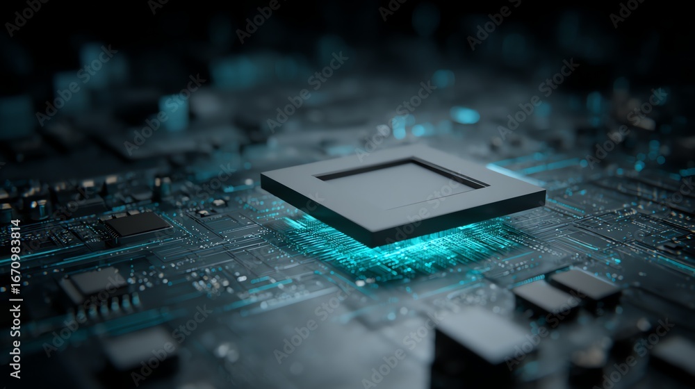 Poster a detailed, low-angle view showcases a central microchip illuminated with vibrant teal light, restin