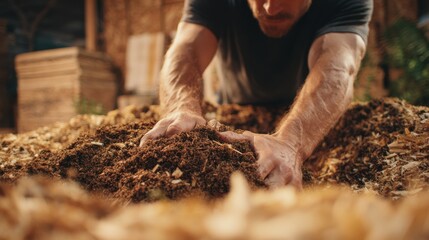 Fototapeta premium Close medium shot of a man pounding soil around a woodfilled earth mound for slow pyrolysis focused on movement and soil texture soft focus on surrounding workshop area.