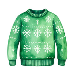 Watercolor Green Christmas Sweater with Snowflake Pattern Illustration.
