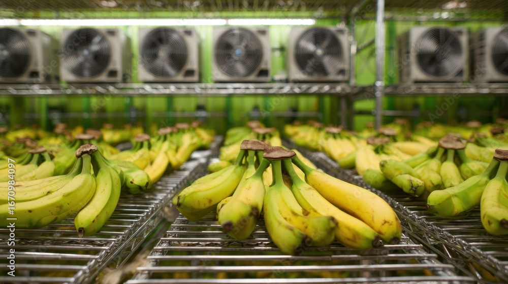 Poster medium shot of bananas ripening on multilayer racks with defocused ventilation units regulating airf