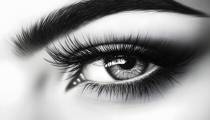 The illustration showcases a detailed view of a woman's eye, emphasizing the dark, thick eyelashes and neatly shaped eyebrows against a light background.