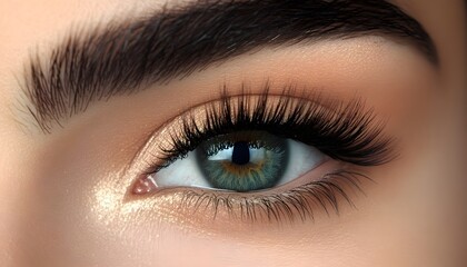 Obraz premium The image shows a detailed view of a woman's eye featuring meticulously applied makeup, including long, dark eyelashes and a neutral eyeshadow palette.