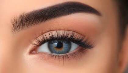 Fototapeta premium The image shows a detailed view of a person's eye, featuring long eyelashes, well-defined eyebrows, and subtle eye makeup.