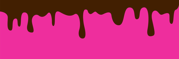 Melted chocolate drip liquid element on pink background. Melt chocolate flowing. Spilled; drop; leak. Vector illustration