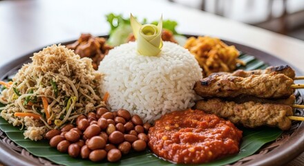 Vibrant platter of traditional Indonesian Nasi Campur with cone rice, chicken satay, spicy sambal, and assorted side dishes on a banana leaf