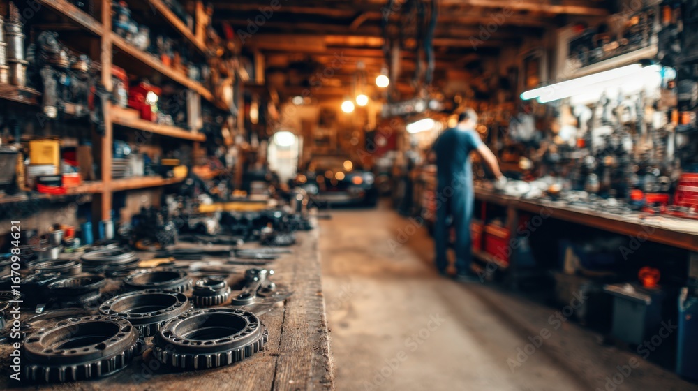 Poster organized maintenance bay with a mechanic inspecting car parts in sharp detail surrounded by neatly 